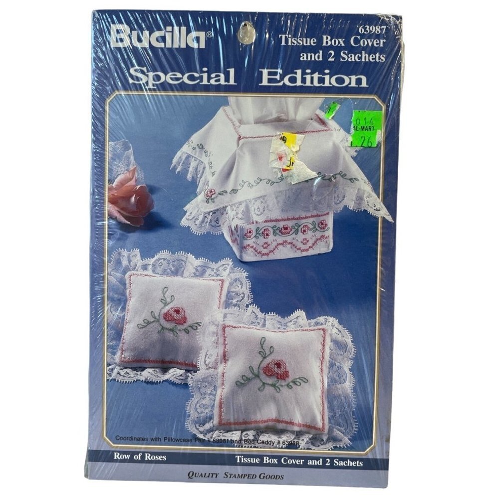 Bucilla Tissue Box Cover and 2 Sachets Embroidery Pattern #63987 Row of Roses